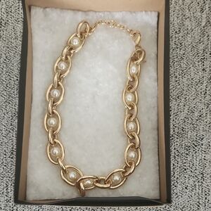 Gold Colored Chain Necklace with Pearl Like Accents - Women's Fashion Jewelry